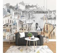 Hand Painted Abstract Art Architecture Seaside Views 3D Wallpaper Silky Texture Home Study Office Grey Dining Room Sofa Bedroom Living Room TV Backdrop-350cm×256cm