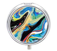 Hand Painted Abstract Colorful Texture Blue Green Black Iron Pill Box Case Organizer with Internal Separate Plastic Dividers, Travel Small Medicine Bag Holder Carrier Round Container