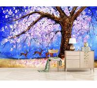 Hand Painted Abstract Elk Purple Flowers Big Tree 3D Wallpaper Premium Textured Silk Study Dining Living Room Bedroom Sofa TV Wall Easy Install-200cm×140cm
