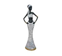 Hand-Painted African Lady Sculpture (45cm Tall) - Black & White Dress with Textured Details | Ethnic Art Collectible for Home or Office | Resin Cultural Decor