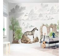 Hand Painted Art Tropical Plant Animal Horse 3D Wallpaper Silky Texture Home Study Office Grey Dining Room Sofa Bedroom Living Room TV Backdrop-300cm×210cm
