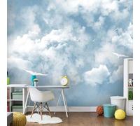 Hand Painted Beautiful Blue Sky White Clouds Flying Birds 3D Wallpaper Silky Texture Home Study Office Grey Dining Room Sofa Bedroom Living Room TV Backdrop-400cm×280cm