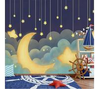 Hand Painted Beautiful Cartoon Stars Moon and Clouds 3D Wallpaper Silky Texture Home Study Office Grey Dining Room Sofa Bedroom Living Room TV Backdrop-300cm×210cm
