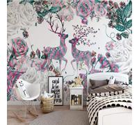 Hand Painted Beautiful Colourful Plants Flowers Deer 3D Wallpaper Premium Textured Silk Study Dining Living Room Bedroom Sofa TV Wall Easy Install-300cm×210cm