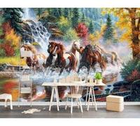 Hand Painted Beautiful Forest Landscape River Horse 3D Wallpaper Premium Textured Silk Study Dining Living Room Bedroom Sofa TV Wall Easy Install-150cm×105cm
