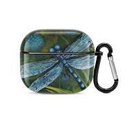 Hand Painted Blue Dragonfly Bluetooth Earbuds Case Cover Full Body Shockproof Protection Hard Case Support Wireless Charging with Keychain Personalized Gift for AirPods 3