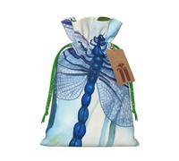 Hand painted blue dragonfly Christmas Drawstring Gift Bags with Tags, Xmas Gift Bags with Green Christmas Ribbon, Reusable Gift Wrapping Bag Fabric Goody Gift Sacks for Party Presents Decorations