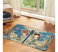 Hand Painted Blue Dragonfly Dog Food Mats For Floors, 12x18 Inch Non-Slip Super Absorbent Pet Food Mat, Dishwasher Dog Mat For Food And Water, Cute Rubber Quick Dry Pet Feeding Mat For Dogs Puppy Cats
