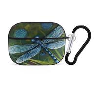 Hand Painted Blue Dragonfly Earbuds Organizer Shockproof Protective Airpods Pro Cover with Carabiner Clip Anti Fall Carrying Earphone Case Cover for Airpods Pro 2nd Generation Black