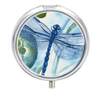 Hand Painted Blue Dragonfly Pill Box 3 Compartment Waterproof Pill Container with Mirror Metal Medicine Box Organizer Portable Vitamin Case for Pocket & Purse Travel - Round