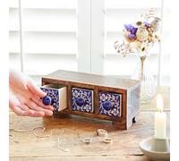 Hand Painted Blue Floral Ceramic 3 Drawer Chest - 21cm x 9.5cm x 8cm - Trinkets, Spices, Teas, Dried Herbs, Jewellery or Haberdashery Multifunctional Storage