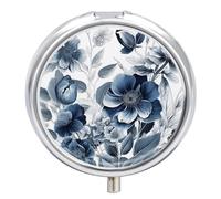 Hand Painted Blue Flowers Pill Box Cute Round Pill Case Portable Medicine Tablet Vitamin Holder Organizer for Purse Pocket