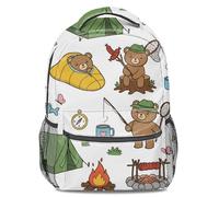 Hand-Painted Camping Print 16-inch Backpack: Tent Pine Tree Arrow Canoe Pattern Kids School Bag, Lightweight Durable Fashion Cartoon Rucksack (print 1)