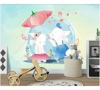 Hand Painted Cartoon Cute Rabbit Umbrella Butterfly 3D Wallpaper Premium Textured Silk Study Dining Living Room Bedroom Sofa TV Wall Easy Install-250cm×170cm
