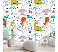 Hand Painted Cartoon Fresh Dinosaurs Plants Watercolour 3D Wallpaper Easy Install Feature Office Living Room Sofa Bedroom TV Background Wall Decoration-200cm×140cm