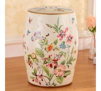 Hand-Painted Ceramic Round Garden Stool - Decorative Porcelain Side Table for Living Room, Classic Cottage & French Country Decor, Glazed Finish, Stylish Accent Piece