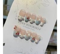 Hand-painted cherry French hand-wearing manicure cute summer blue fresh manicure cute sexy cartoon bow false nails(XS)