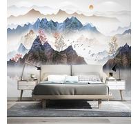 Hand Painted Coloured Mountains Trees Sun White Mist 3D Wallpaper Luxury Silk Study Dining Feature Sofa Grey Bedroom Living Room Tv Decorative Wall-250cm×170cm