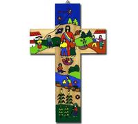 Hand Painted Cross, Christ in the Community, Multi-coloured Wood, 25cm x 15cm, Wall Mount, Latin American Cooperative Art