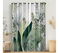 Hand-Painted Curtains, Tropical Leaves Plants 3D Print Pattern Eyelet Thermal Insulated Room Darkening Blackout Window Drapes, for Bedroom Kids Nursery 2 Panels W 66" x L 90", Light Green