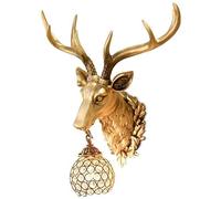 Hand-Painted Deer Head Wall Lamp, Golden Antler Resin Wall Light, Crystal Lampshade, Wall Sconce, Room Decoration, Bedroom Bedside, Living Room, Lounge, Corridor (Color : A)
