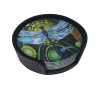 Hand Painted Dragonfly Round Leather Coasters (6 Pieces) - Drink Coaster Set For Desk, Modern Easy To Clean Home Office & Farmhouse Coasters