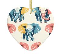 Hand-painted elephant head Print Christmas Tree Ceramic Hanging Ornament â€“ Heart-Shaped Xmas Decoration for Holiday, Home, Party