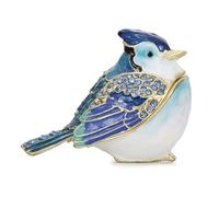 Hand Painted Enamel Blue Jay Trinket Box for Home Decor, Hinged Jewelry Organizer for Ring Earrings, Unique Figurine Keepsake Collectible Personalized Elegant Handmade Ornament Gifts (Blue Jay)