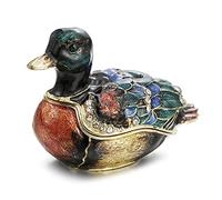 Hand Painted Enamel Duck Trinket Box for Home Decor, Hinged Jewelry Organizer for Ring Earrings, Unique Figurine Keepsake Collectible Personalized Elegant Handmade Ornament Gifts (Green Duck)