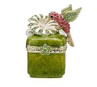 Hand Painted Enamel Hummingbird Trinket Box for Home Decor, Hinged Jewelry Organizer for Ring Earrings, Unique Figurine Keepsake Collectible Personalized Handmade Ornament Gifts (Green Hummingbird-3)