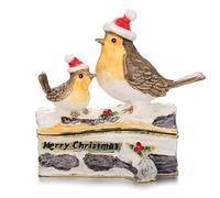 Hand Painted Enamel Trinket Box, Hinged Jewelry Organizer Mini Ring Earrings Storage, Unique Home Decor Figurine Keepsake Collectible, Personalized Elegant Handmade Ornament (Grey Christmas Sparrow)