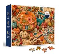 Hand Painted Fall Pumpkin Craft Table 500 Piece Jigsaw Puzzle for Adults with Floral Gourds, Paint Brushes, Plaid Textiles, Autumn Leaves, and Cozy Porch Art in Warm Cottagecore Porch Scene Style
