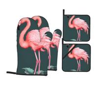 Hand Painted Flamingo Bird Oven Mitts And Pot Holders Set – Waterproof Polyester & Insulated Fabric, Heat-Resistant Gloves With Hanging Loops For Kitchen And Outdoor Use