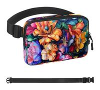 Hand-painted Floral Ink Fanny Packs for Women Men, Crossbody Belt Bag with Zipper Pockets,Waterproof Waist Packs with Adjustable Strap for Workout Running Traveling Hiking, Multicolor, One Size