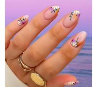Hand-Painted Floral Oval Press On Nails with White Daisy & Purple Flower Design - 24Pcs Full Cover Short False Nails Natural Pink Gel Tips for Women Daily Wear Easy to Apply Long-Lasting