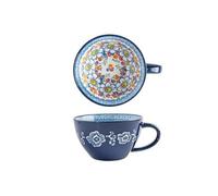 Hand-Painted Floral Pattern Ceramic Mug, Large Capacity Coffee Cup & Breakfast Bowl, Bohemian Style Tea Milk Cereal Mug for Home Kitchen 14oz(Style H)