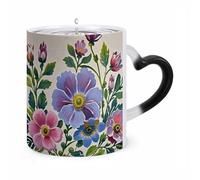 Hand Painted Flowers Mug Heat Sensitive Color Changing Mug Personalized Magic Morphing Mugs Heart-Shaped Handle Ceramic Cup Funny Novelty Coffee Mugs Tea Cup for Men Women