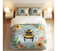 Hand-Painted Folk Style Giant Bee & Sunflower Duvet Cover Set, Cozy Rural Bedding for Kids and Adults (04,Double + 50x75cm x2)