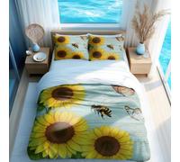 Hand-Painted Folk Style Giant Bee & Sunflower Duvet Cover Set, Cozy Rural Bedding for Kids and Adults (02,King + 50x75cm x2)