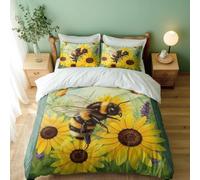 Hand-Painted Folk Style Giant Bee & Sunflower Duvet Cover Set, Cozy Rural Bedding for Kids and Adults (03,Single + 50x75cm x2)