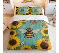 Hand-Painted Folk Style Giant Bee & Sunflower Duvet Cover Set, Cozy Rural Bedding for Kids and Adults (01,Single + 50x75cm x2)