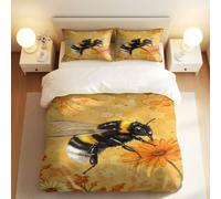 Hand-Painted Folk Style Giant Bee & Sunflower Duvet Cover Set, Cozy Rural Bedding for Kids and Adults (05,Single + 50x75cm x2)
