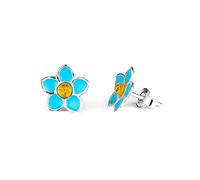 Hand-painted Forget Me Not Stud Earrings in Sterling Silver and Baltic Amber, Flower Earrings