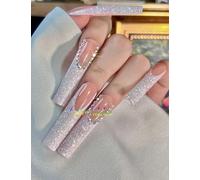 HAND-PAINTED French Tips Press on Nails Medium Length Artificial Nails Short Stick on Nails Coffin Press Ons Acrylic Powder Long Square Fake Nail Set Almond Finger Nail Kit Girls (A1, XS)