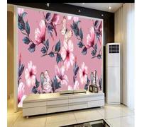 Hand Painted Garden Pink Flowers Leaves Butterflies 3D Wallpaper Premium Textured Silk Study Dining Living Room Bedroom Sofa TV Wall Easy Install-250cm×170cm