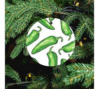 Hand Painted Green Ceramic Christmas Ornament - 4 Pcs Xmas Tree Porcelain Hanging Ornaments, Round Farmhouse Pendant for Xmas Tree, Holiday Party Decorations & Festive Gift 2.8 Inch