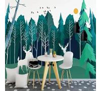 Hand Painted Green Jungle Moose Flying Birds Modern 3D Wallpaper Premium Textured Silk Neutral Tones Material Ideal for Living Room Bedroom-400cm×280cm