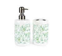 Hand Painted Green Roses Bathroom Accessories Set - Floral Artwork Refillable Ceramic Soap Pump Bottle Dispenser & Toothbrush Holder - Washrooom Home Gift Set of 2