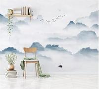 Hand Painted Ink and Wash Landscape with Birds and Clouds Wonderland 3D Wallpaper Silky Texture Home Study Office Grey Dining Room Sofa Bedroom Living Room TV Backdrop-350cm×256cm