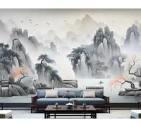 Hand Painted Landscape Pink Trees Flying Birds 3D Wallpaper Luxury Silk Study Dining Feature Sofa Grey Bedroom Living Room Tv Decorative Wall-350cm×256cm